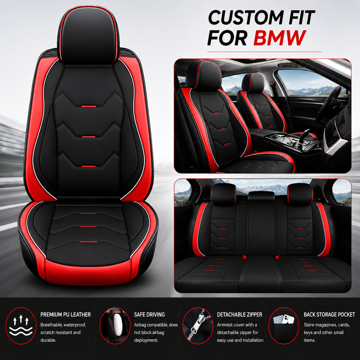 Custom Fit for BMW 5-Seat Leather Car Seat Covers Full Set, Premium Leatherette Seat Protectors for Sedan, SUV, Truck & Van, Front & Rear Cushion Covers - Delicate Leather  