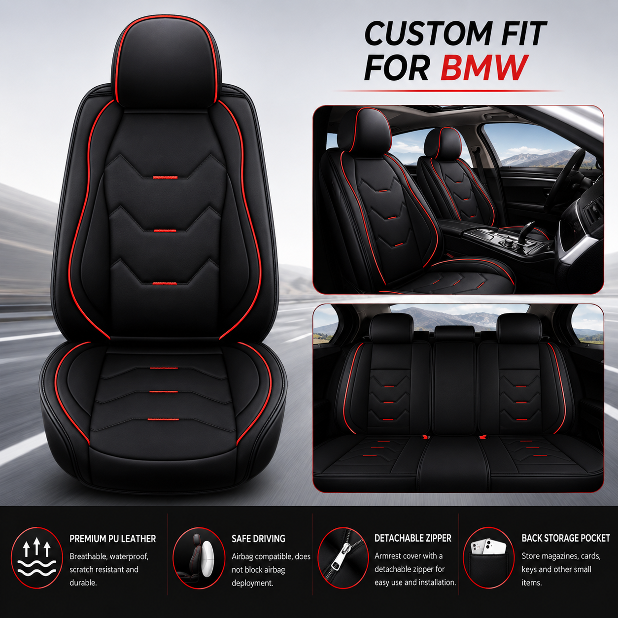 Custom Fit for BMW 5-Seat Leather Car Seat Covers Full Set, Premium Leatherette Seat Protectors for Sedan, SUV, Truck & Van, Front & Rear Cushion Covers - Delicate Leather  
