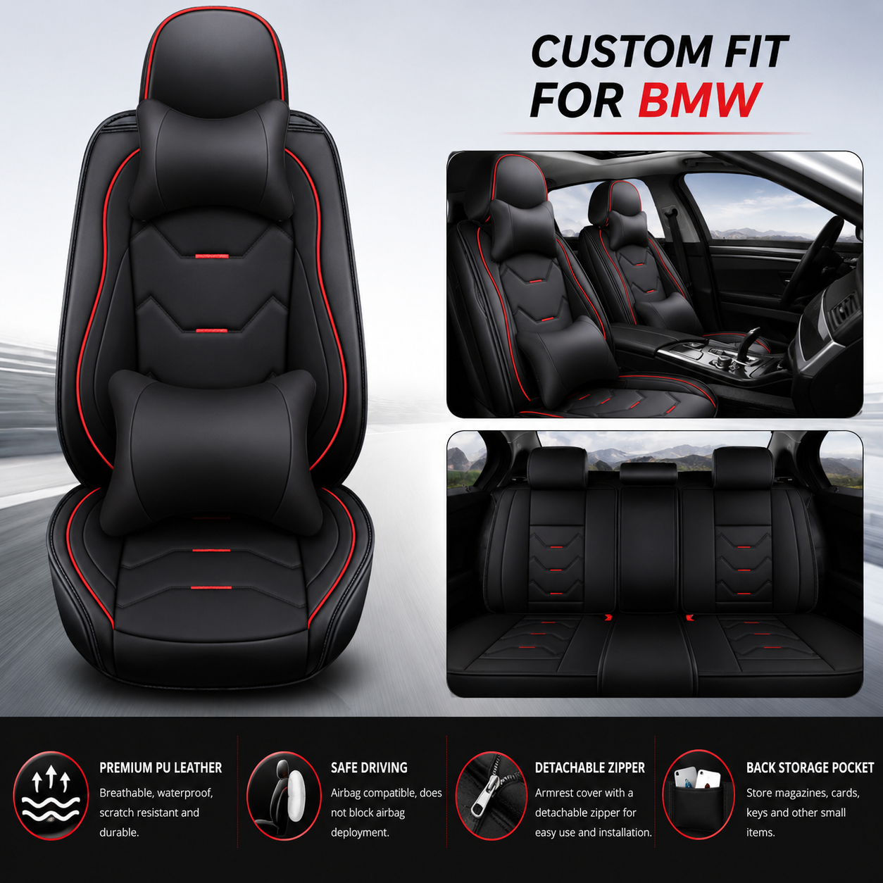 Custom Fit for BMW 5-Seat Leather Car Seat Covers Full Set, Premium Leatherette Seat Protectors for Sedan, SUV, Truck & Van, Front & Rear Cushion Covers - Delicate Leather  