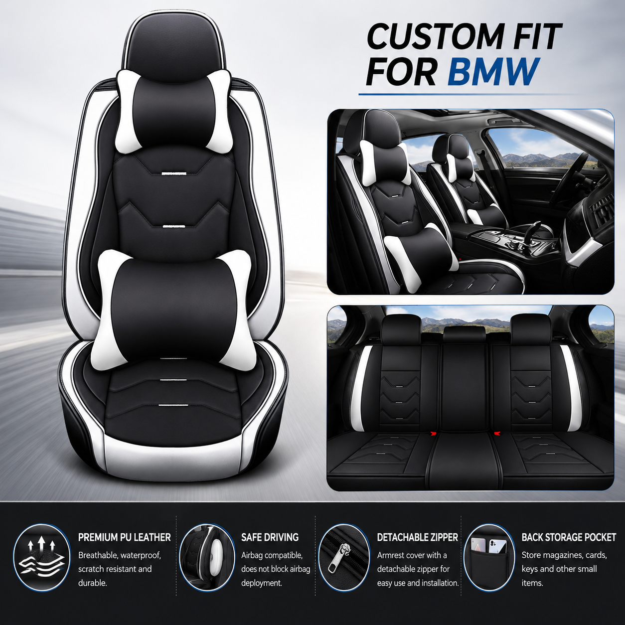 Custom Fit for BMW 5-Seat Leather Car Seat Covers Full Set, Premium Leatherette Seat Protectors for Sedan, SUV, Truck & Van, Front & Rear Cushion Covers - Delicate Leather  