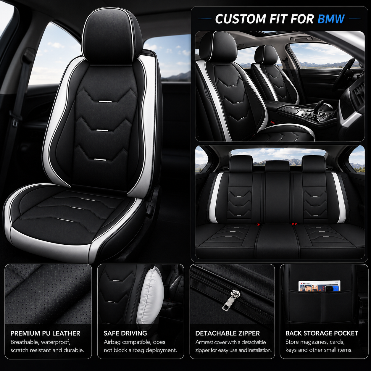 Custom Fit for BMW 5-Seat Leather Car Seat Covers Full Set, Premium Leatherette Seat Protectors for Sedan, SUV, Truck & Van, Front & Rear Cushion Covers - Delicate Leather  