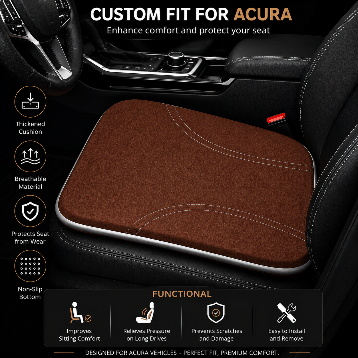 Acura Memory Foam Car Seat Cushion – Height-Boosting Comfort Seat Pad, Custom Fit Interior Accessory - Delicate Leather  