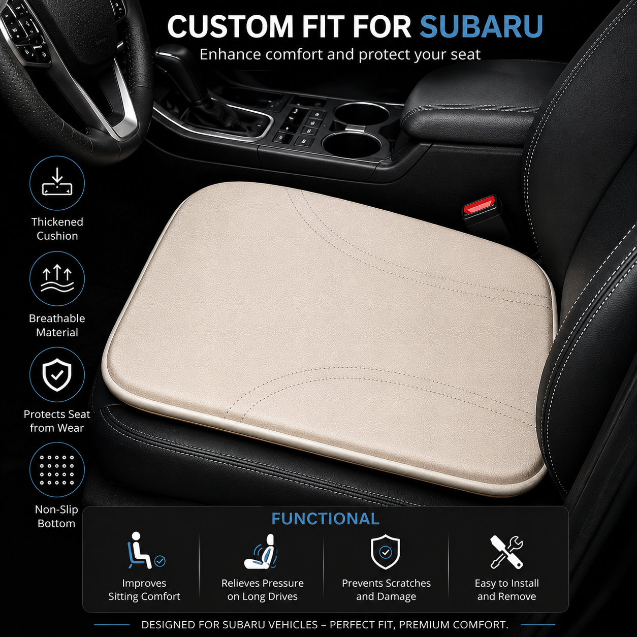 Subaru Car Seat Cushion, Custom Fit for Subaru, Memory Foam Seat Cushion for Car, Office Chair & Daily Driving Comfort - Delicate Leather  