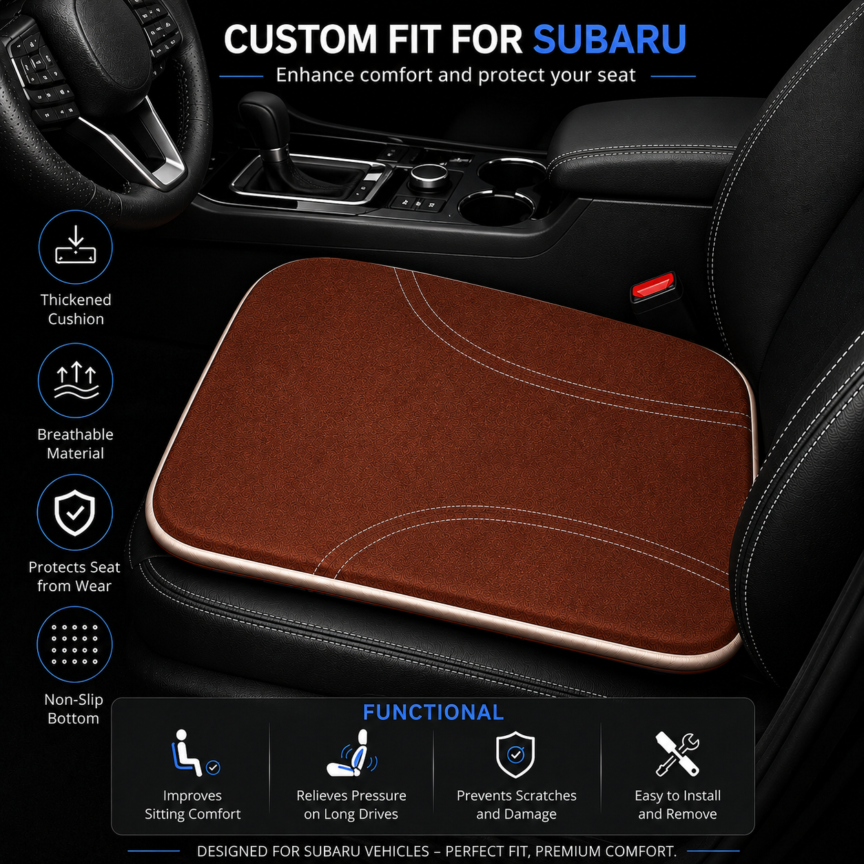 Subaru Car Seat Cushion, Custom Fit for Subaru, Memory Foam Seat Cushion for Car, Office Chair & Daily Driving Comfort - Delicate Leather  