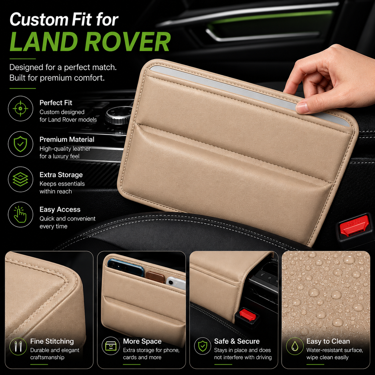 Car Seat Gap Filler Organizer, Custom Fit for Land Rover, PU Leather Console Side Pocket Storage Organizer for Phone, Cards, Wallet, Keys, Car Interior Accessories - Delicate Leather  