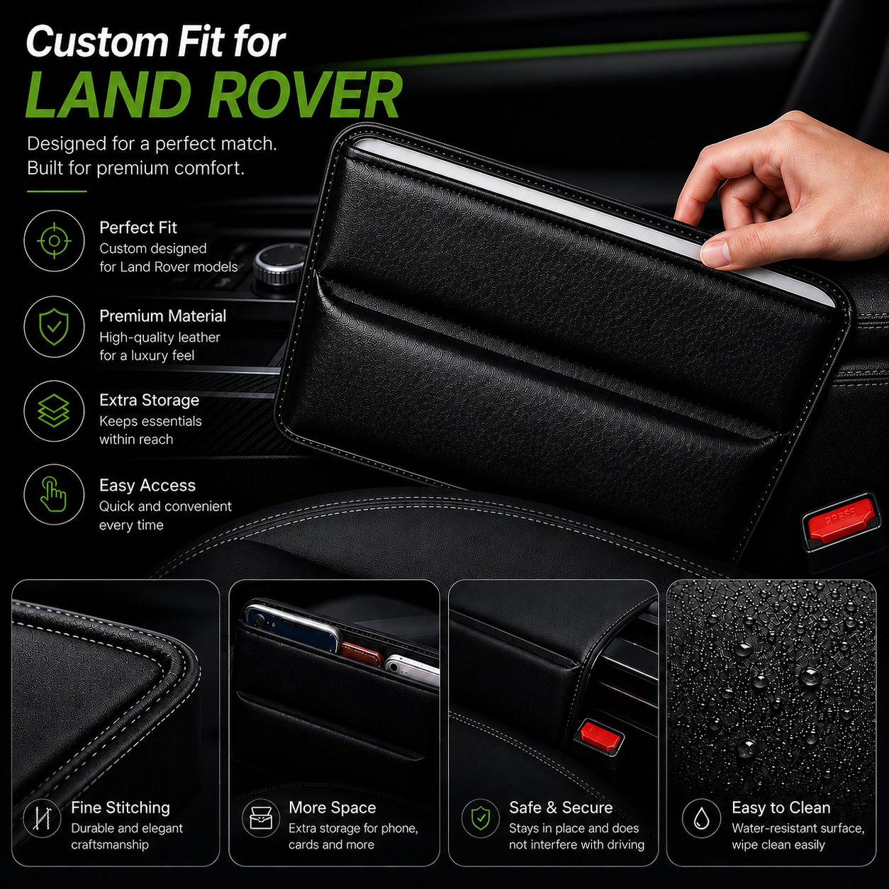 Car Seat Gap Filler Organizer, Custom Fit for Land Rover, PU Leather Console Side Pocket Storage Organizer for Phone, Cards, Wallet, Keys, Car Interior Accessories - Delicate Leather  