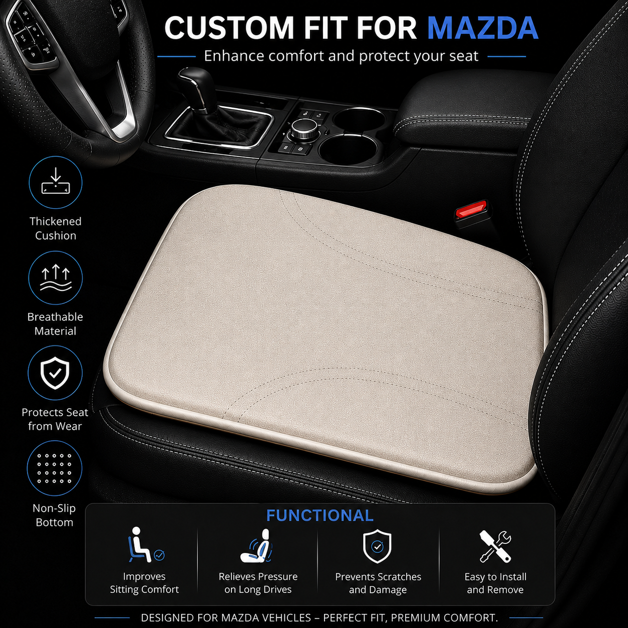 Car Seat Cushion, Custom Fit for Mazda, Memory Foam Seat Cushion, Heightening Seat Cushion for Car and Office Chair - Delicate Leather  