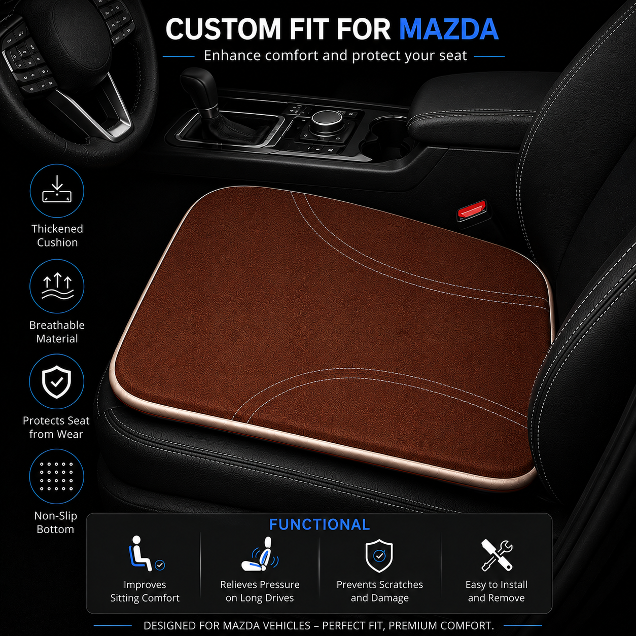 Car Seat Cushion, Custom Fit for Mazda, Memory Foam Seat Cushion, Heightening Seat Cushion for Car and Office Chair - Delicate Leather  