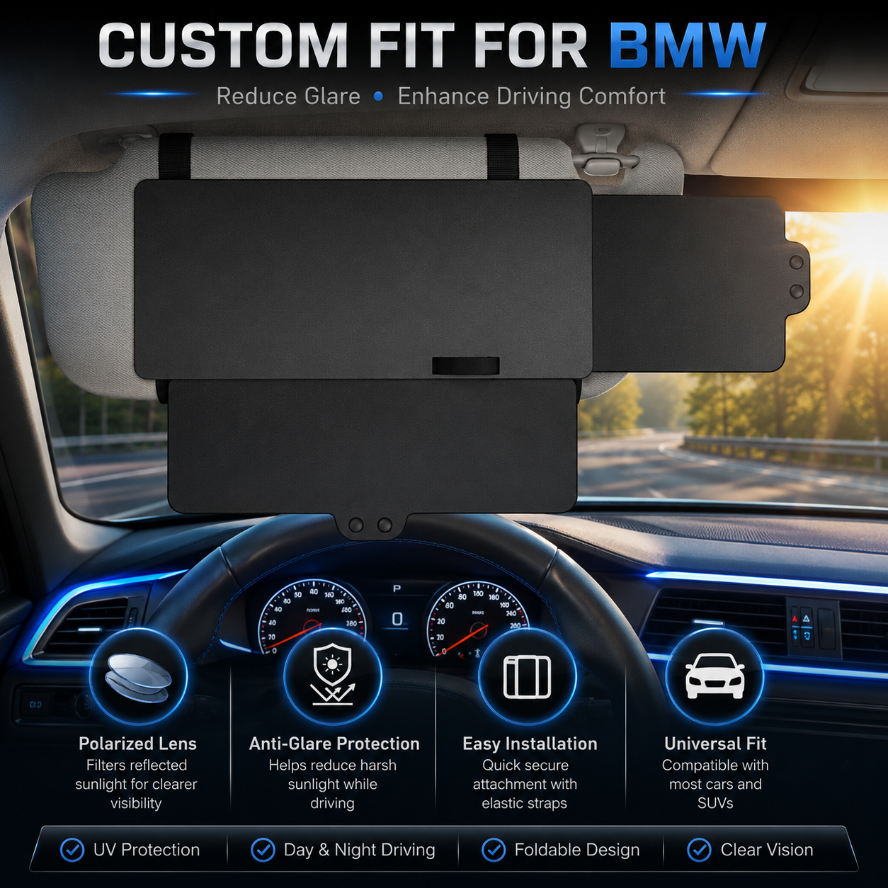 Polarized Sun Visor Sunshade Extender, Custom Fit for BMW Vehicles, Anti-Glare UV Protection Visor Extension for Cars & SUVs - Delicate Leather  
