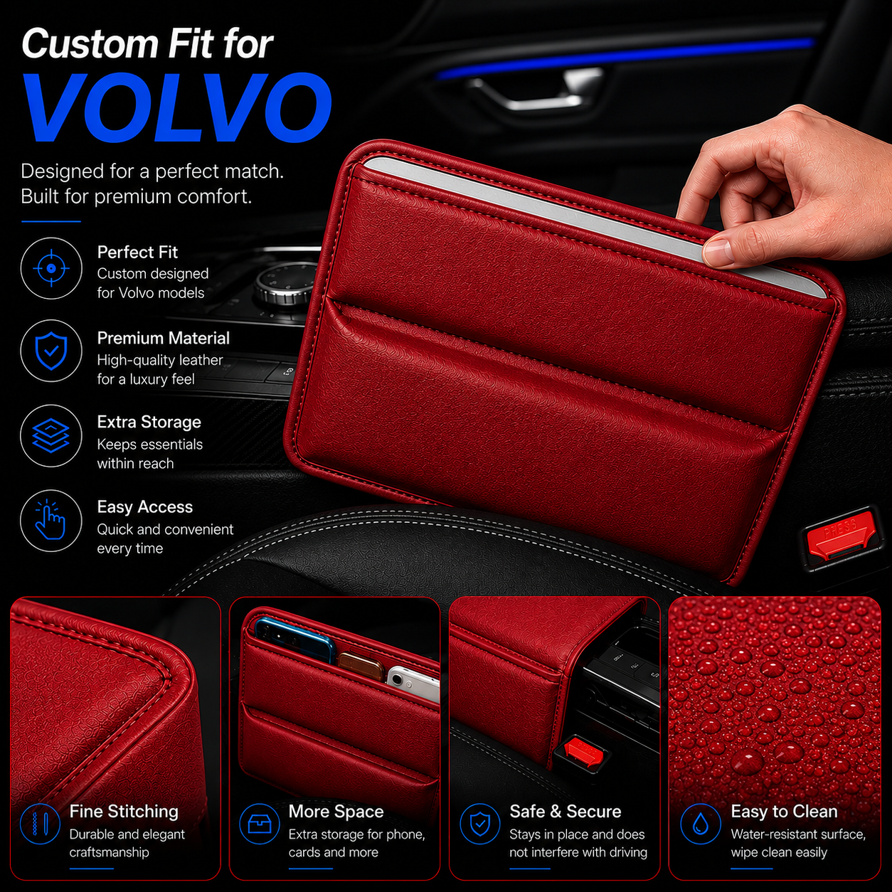 Car Seat Gap Filler Organizer, Custom Fit for Volvo, Multifunctional PU Leather Console Side Pocket Organizer for Cellphones, Cards, Wallets, Keys, Car Interior Accessories - Delicate Leather  