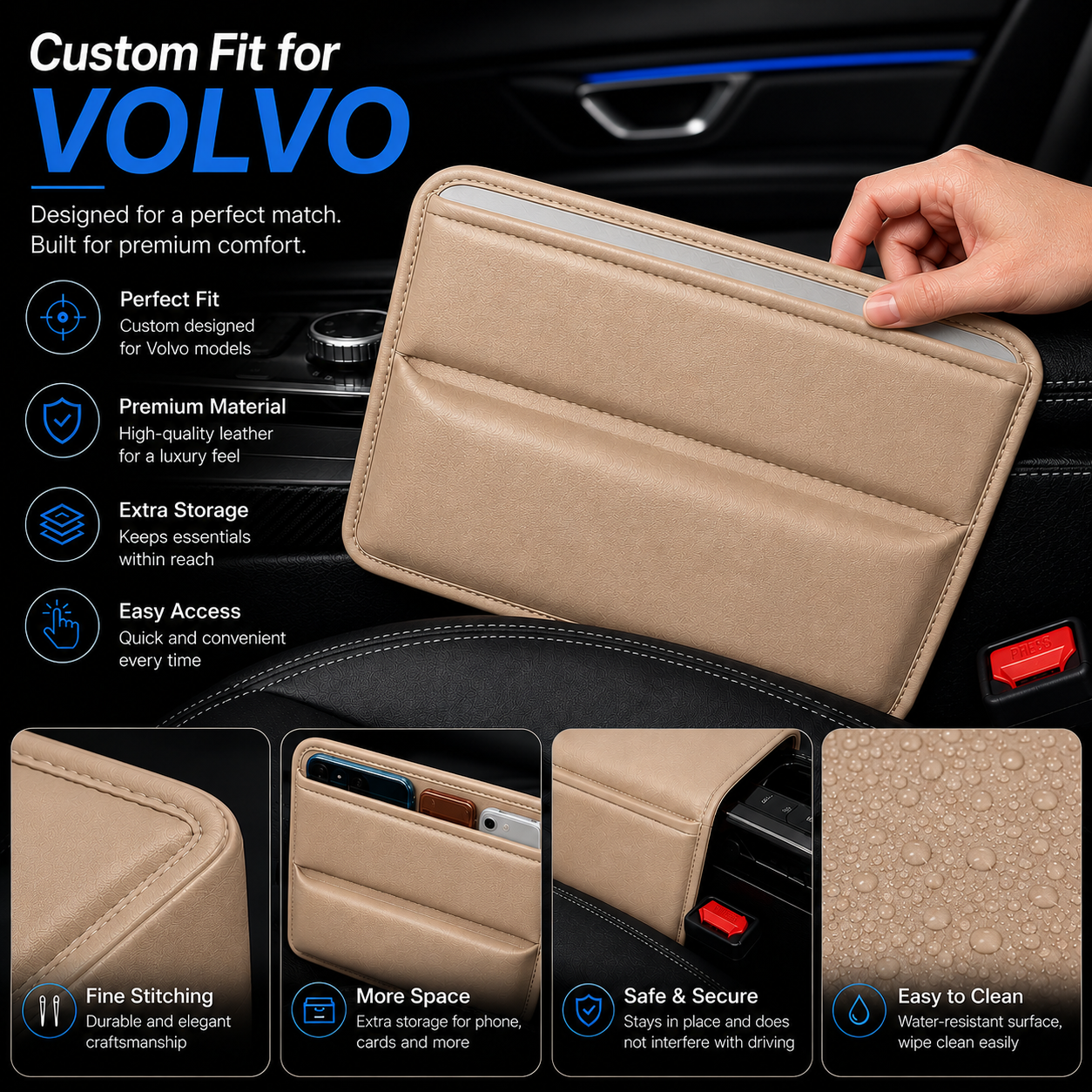 Car Seat Gap Filler Organizer, Custom Fit for Volvo, Multifunctional PU Leather Console Side Pocket Organizer for Cellphones, Cards, Wallets, Keys, Car Interior Accessories - Delicate Leather  