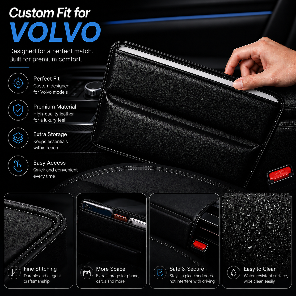 Car Seat Gap Filler Organizer, Custom Fit for Volvo, Multifunctional PU Leather Console Side Pocket Organizer for Cellphones, Cards, Wallets, Keys, Car Interior Accessories - Delicate Leather  