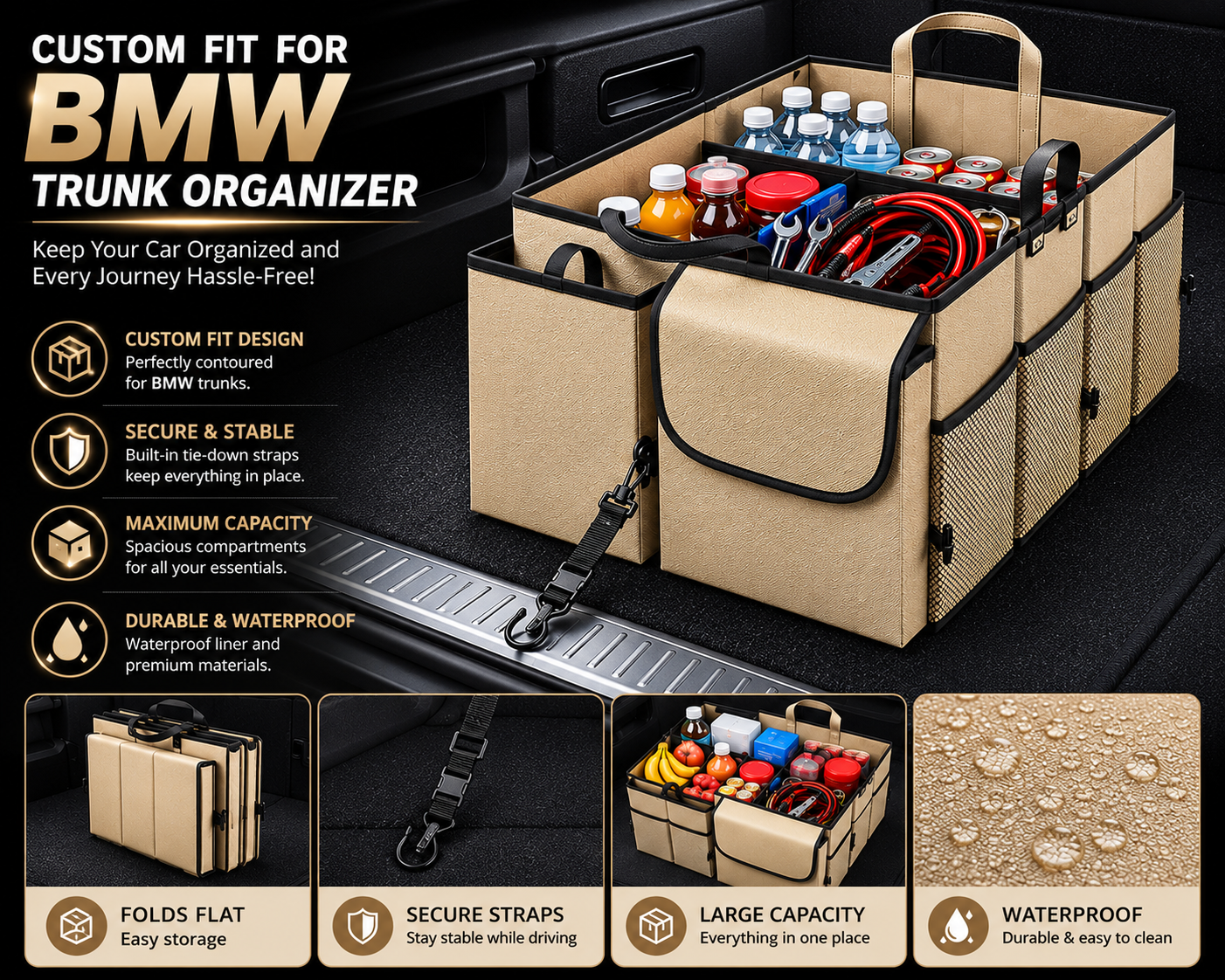 Custom Fit for BMW Car Trunk Organizer – Collapsible Multi-Compartment SUV Storage Organizer with Adjustable Straps, Heavy-Duty Cargo Storage Box for BMW Accessories - Delicate Leather  