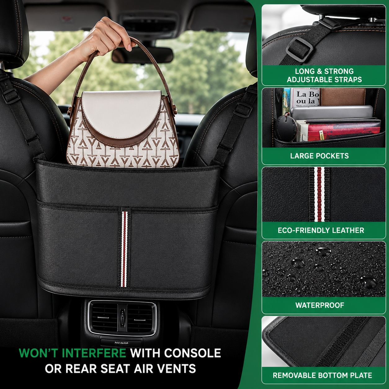 Custom Fit for Mercedes-Benz Car Purse Holder Between Seats – Premium PU Leather Handbag Organizer, Back Seat Storage Pocket & Pet - Delicate Leather