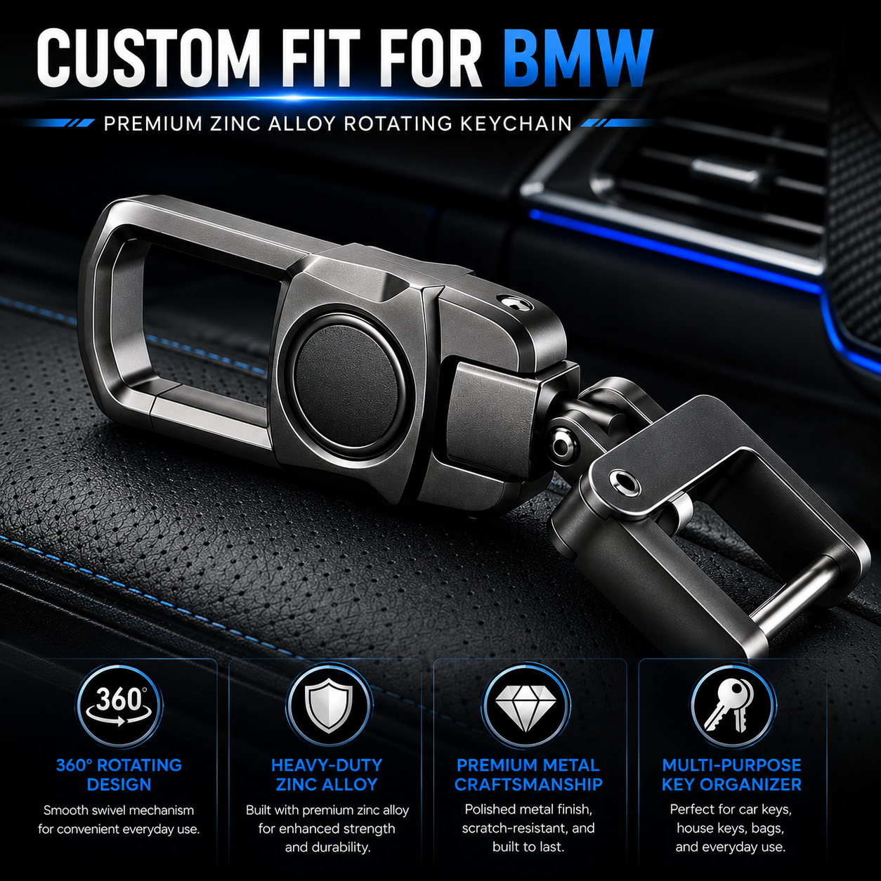 Metal Car Keychain – Custom Fit For BMW Key Chain Accessory, Premium Zinc Alloy Rotating Key Ring for Men & Women - Delicate Leather  