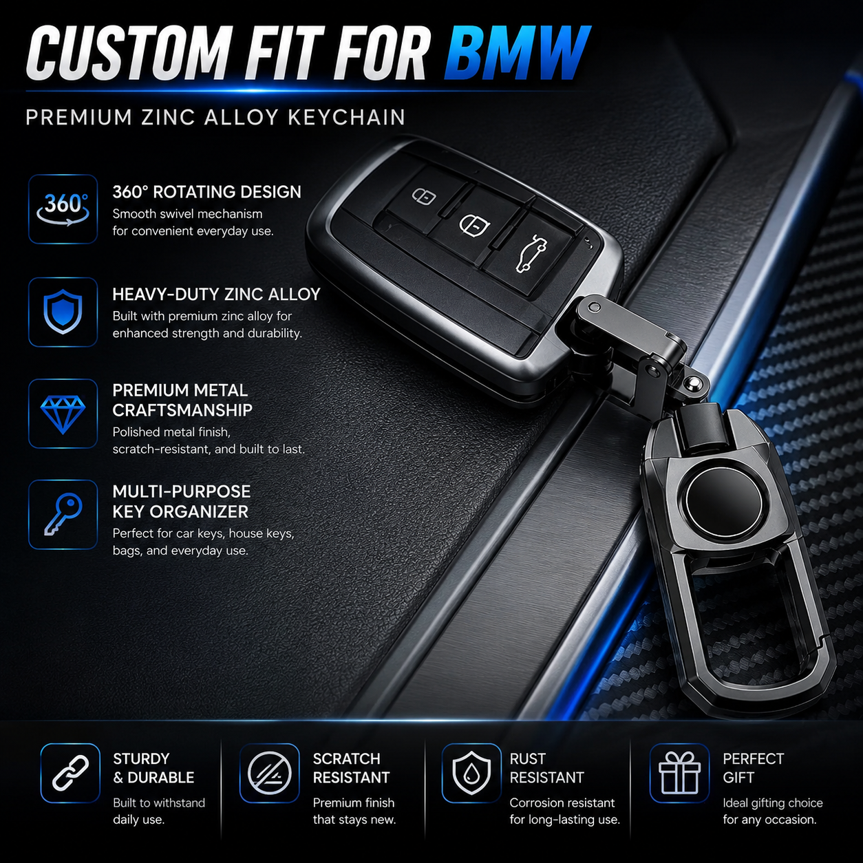 Metal Car Keychain – Custom Fit For BMW Key Chain Accessory, Premium Zinc Alloy Rotating Key Ring for Men & Women - Delicate Leather  