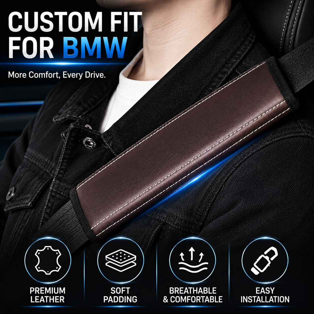 Custom Fit for BMW Seat Belt Shoulder Pads (2PCS) – Microfiber Leather Seat Belt Covers, Soft Comfort Seatbelt Cushions, Interior Car Accessories - Delicate Leather  