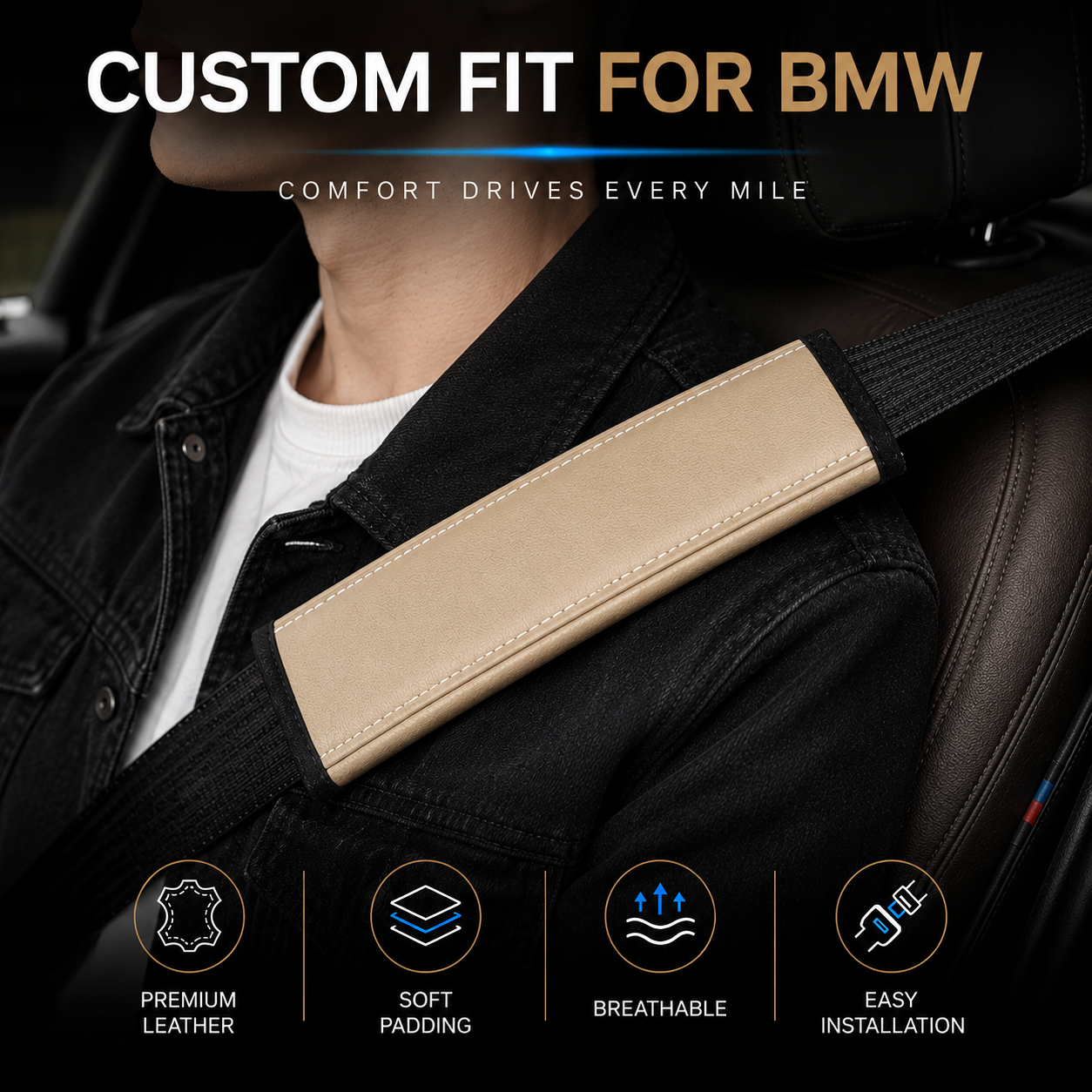 Custom Fit for BMW Seat Belt Shoulder Pads (2PCS) – Microfiber Leather Seat Belt Covers, Soft Comfort Seatbelt Cushions, Interior Car Accessories - Delicate Leather  