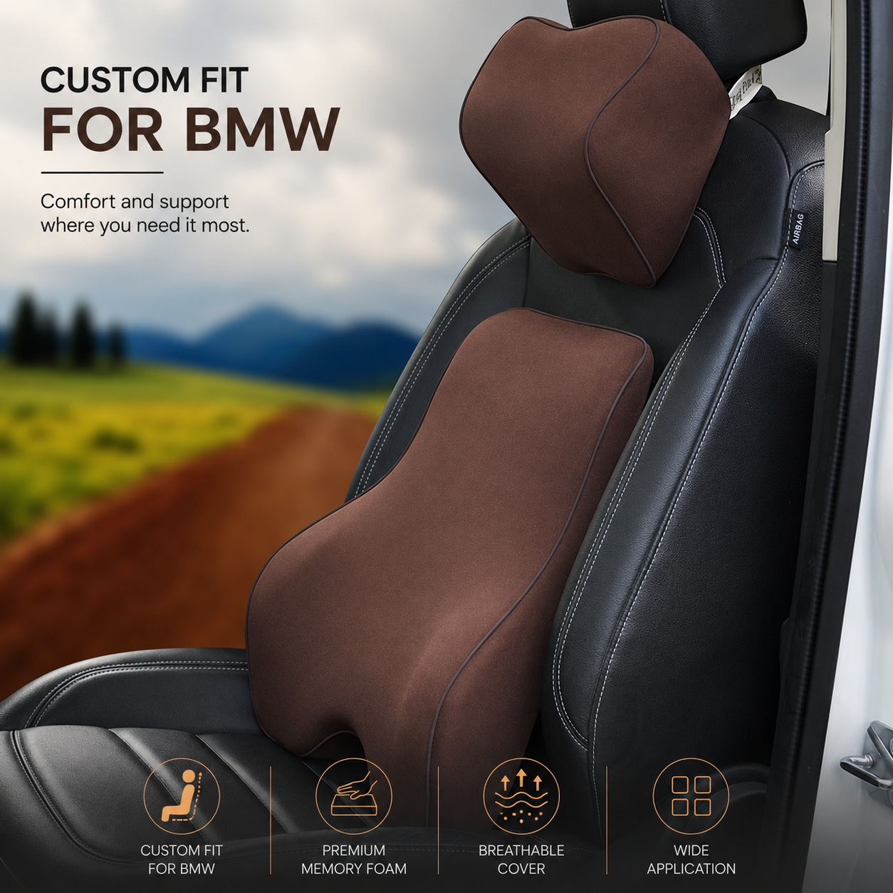 Custom Fit for BMW Lumbar Support Cushion & Headrest Neck Pillow Set – Ergonomic Memory Foam Car Seat Support for Enhanced Driving Comfort - Delicate Leather  