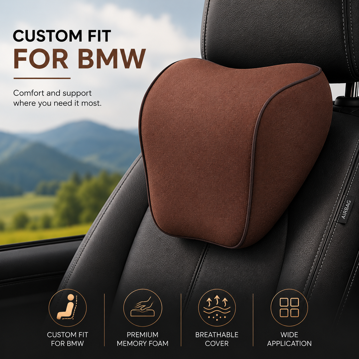 Custom Fit for BMW Lumbar Support Cushion & Headrest Neck Pillow Set – Ergonomic Memory Foam Car Seat Support for Enhanced Driving Comfort - Delicate Leather  