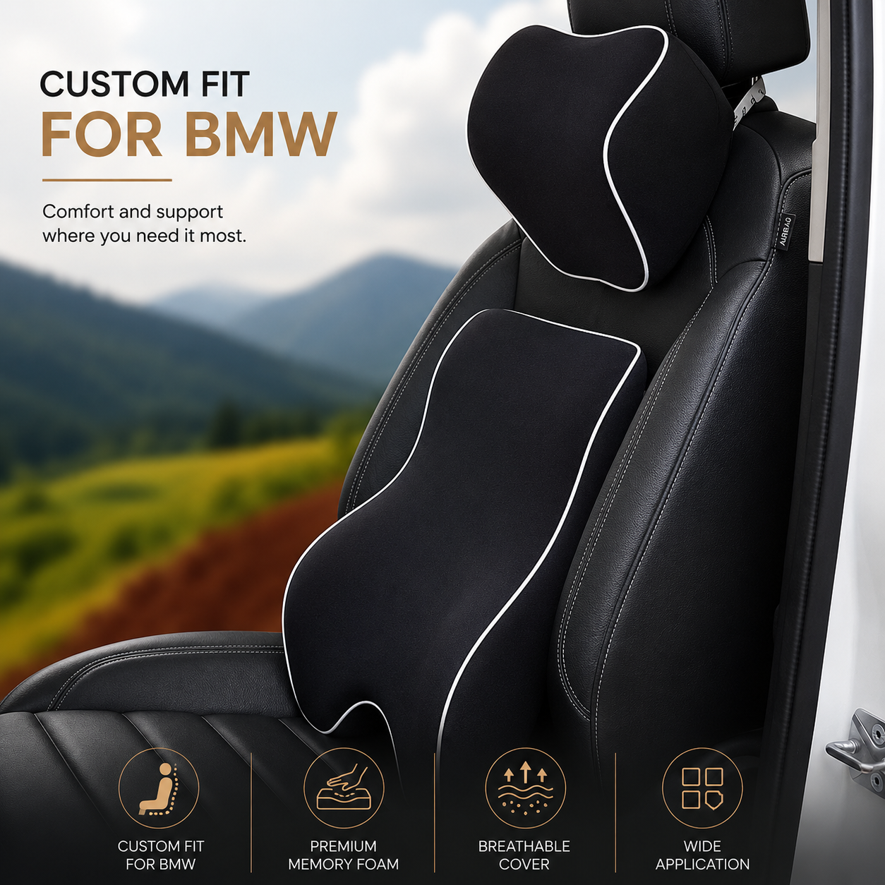 Custom Fit for BMW Lumbar Support Cushion & Headrest Neck Pillow Set – Ergonomic Memory Foam Car Seat Support for Enhanced Driving Comfort - Delicate Leather  