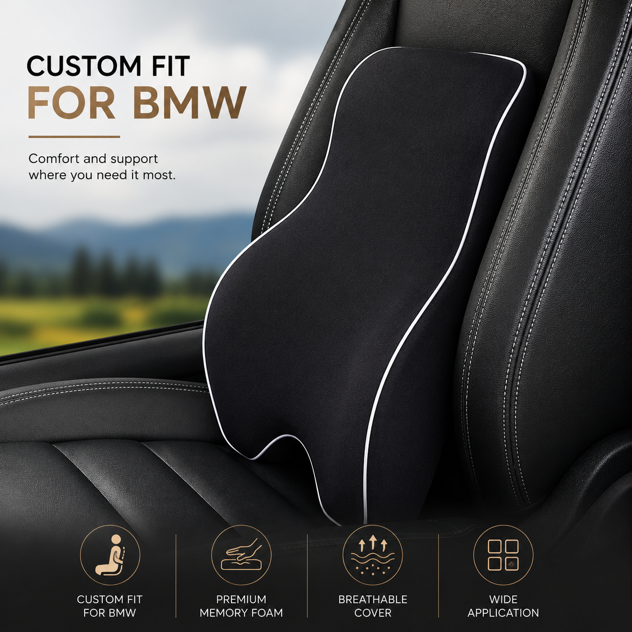Custom Fit for BMW Lumbar Support Cushion & Headrest Neck Pillow Set – Ergonomic Memory Foam Car Seat Support for Enhanced Driving Comfort - Delicate Leather  