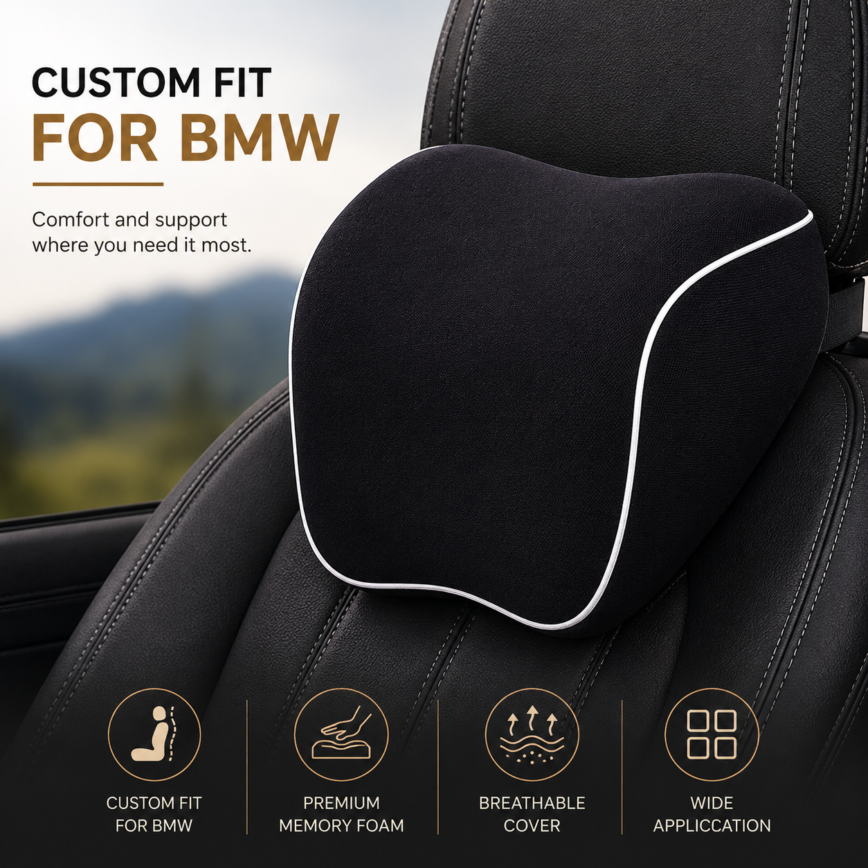 Custom Fit for BMW Lumbar Support Cushion & Headrest Neck Pillow Set – Ergonomic Memory Foam Car Seat Support for Enhanced Driving Comfort - Delicate Leather  