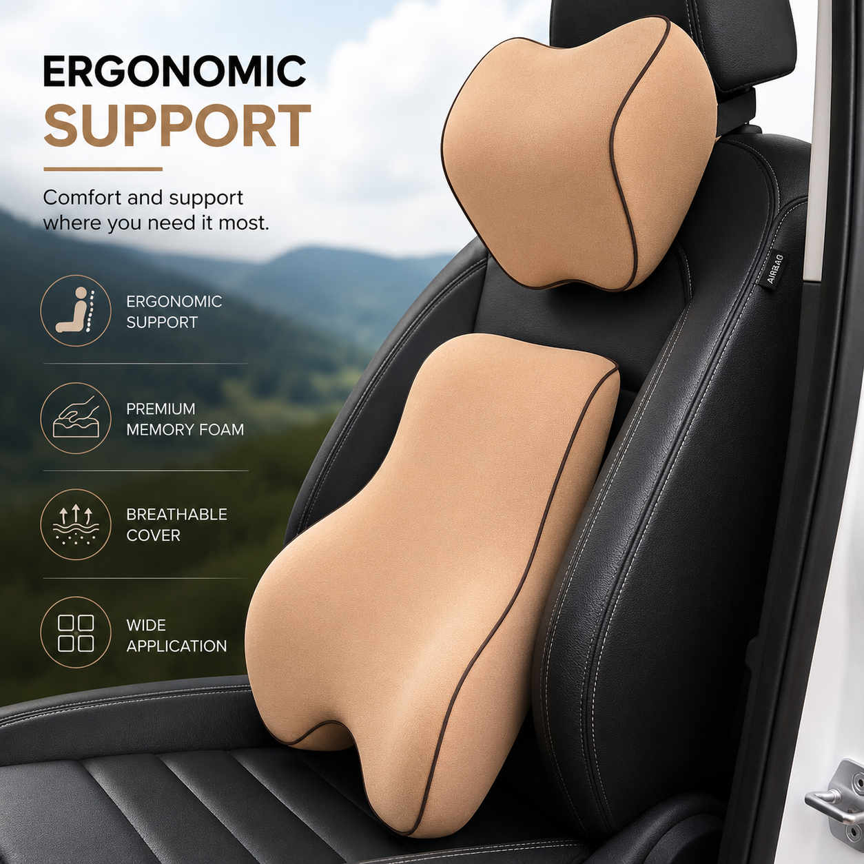 Custom Fit for BMW Lumbar Support Cushion & Headrest Neck Pillow Set – Ergonomic Memory Foam Car Seat Support for Enhanced Driving Comfort - Delicate Leather  
