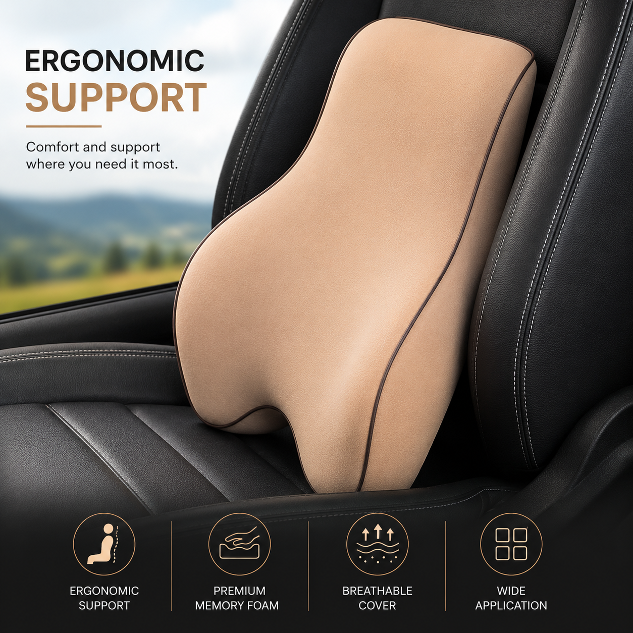 Custom Fit for BMW Lumbar Support Cushion & Headrest Neck Pillow Set – Ergonomic Memory Foam Car Seat Support for Enhanced Driving Comfort - Delicate Leather  