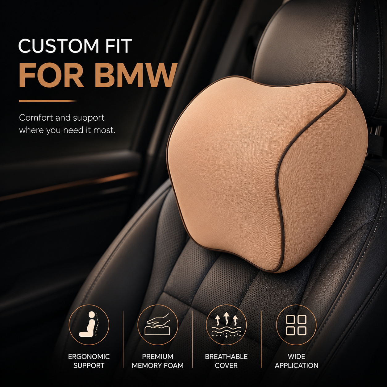 Custom Fit for BMW Lumbar Support Cushion & Headrest Neck Pillow Set – Ergonomic Memory Foam Car Seat Support for Enhanced Driving Comfort - Delicate Leather  
