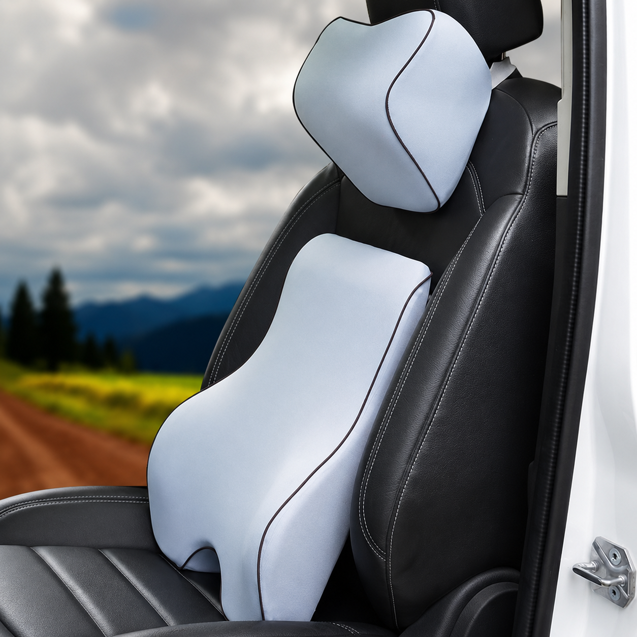 Custom Fit for BMW Lumbar Support Cushion & Headrest Neck Pillow Set – Ergonomic Memory Foam Car Seat Support for Enhanced Driving Comfort - Delicate Leather  
