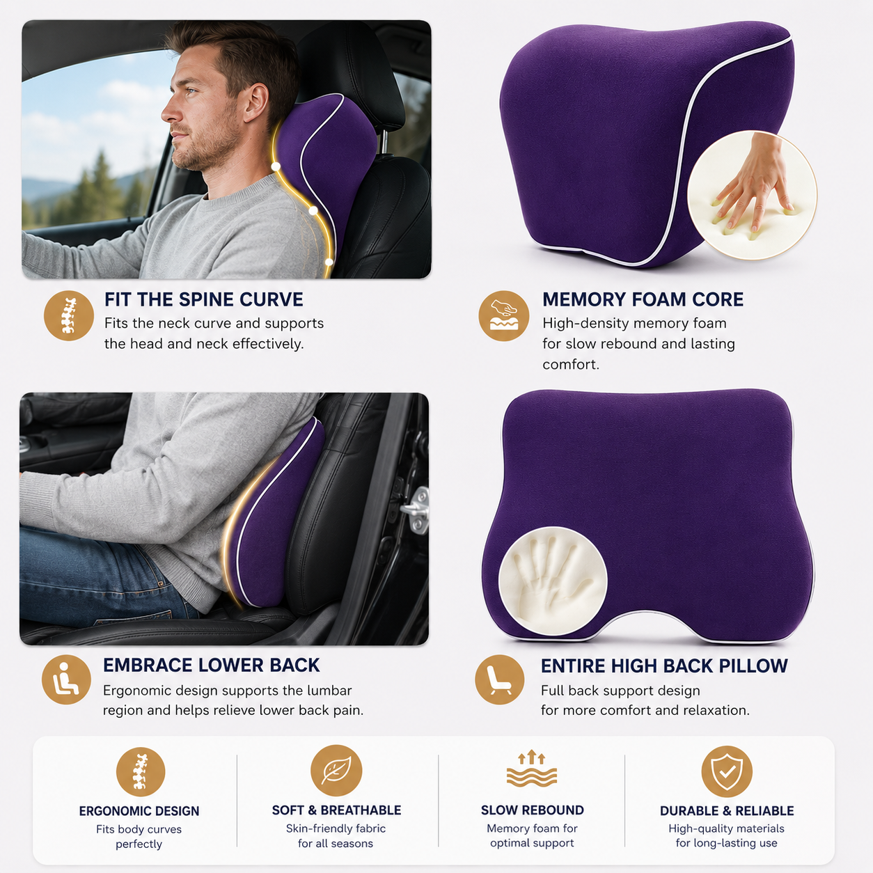 Custom Fit for BMW Lumbar Support Cushion & Headrest Neck Pillow Set – Ergonomic Memory Foam Car Seat Support for Enhanced Driving Comfort - Delicate Leather  