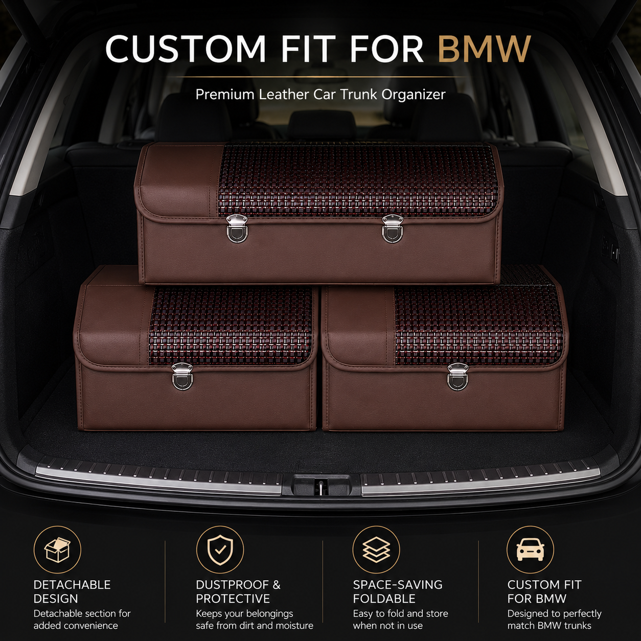 Custom Fit for BMW Trunk Storage Organizer Box – Premium Nappa Leather Foldable Car Cargo Organizer with Lid, Large Capacity Vehicle Interior Storage Accessories - Delicate Leather  