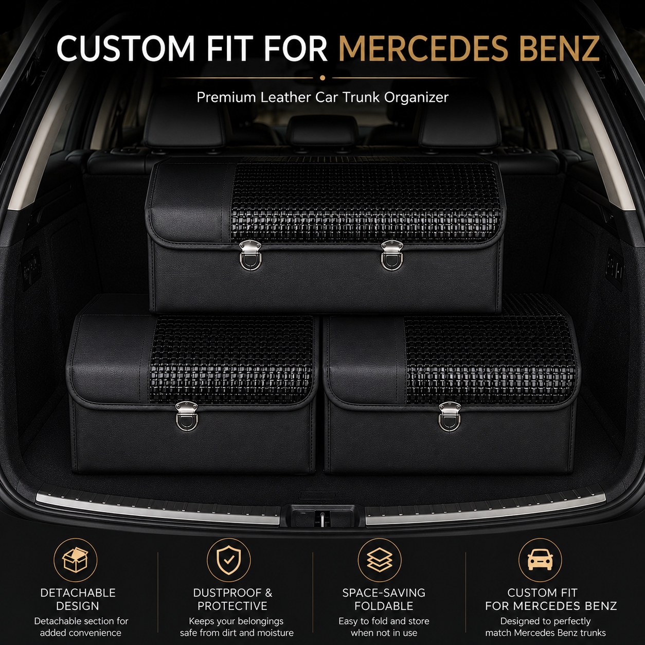 Custom Fit for Mercedes-Benz Trunk Organizer – Foldable Car Cargo Storage Box with Detachable Lid, Premium Leather SUV Boot Organizer, Car Interior Accessories - Delicate Leather