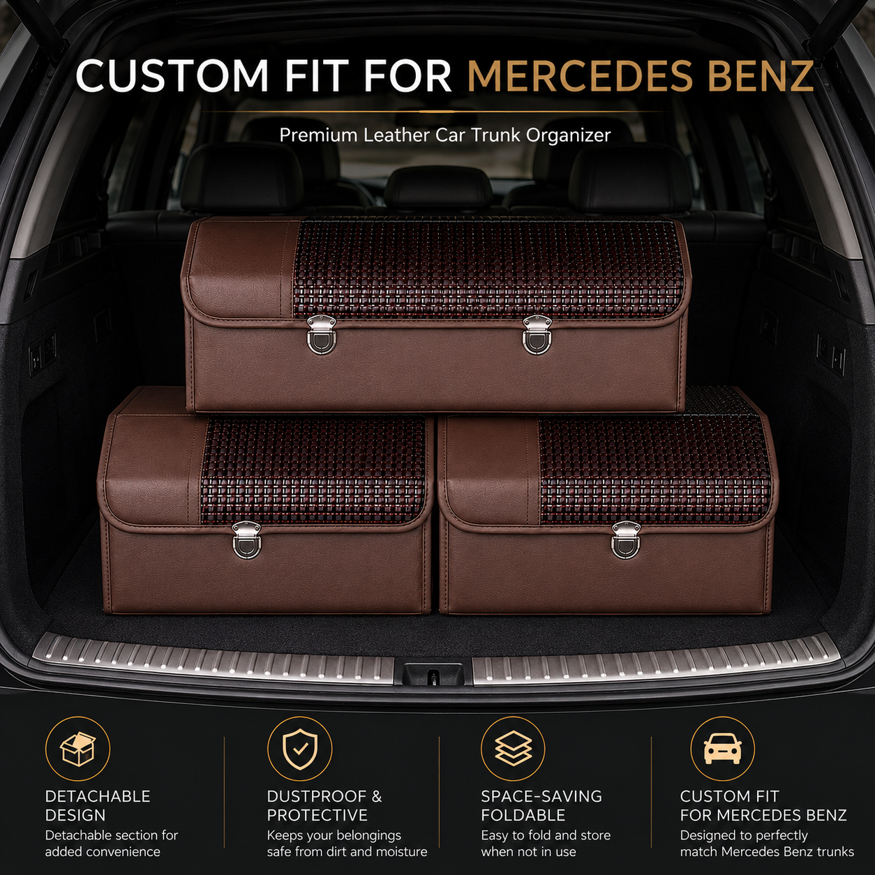 Custom Fit for Mercedes-Benz Trunk Organizer – Foldable Car Cargo Storage Box with Detachable Lid, Premium Leather SUV Boot Organizer, Car Interior Accessories - Delicate Leather