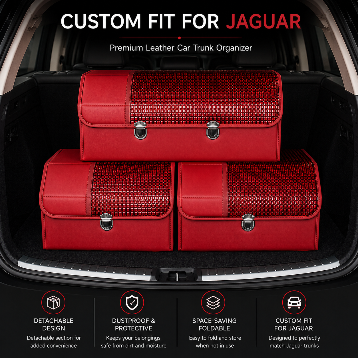 Custom Fit for Jaguar Trunk Organizer – Foldable Car Cargo Storage Box with Detachable Lid, Premium Leather SUV Boot Organizer, Car Interior Accessories - Delicate Leather  