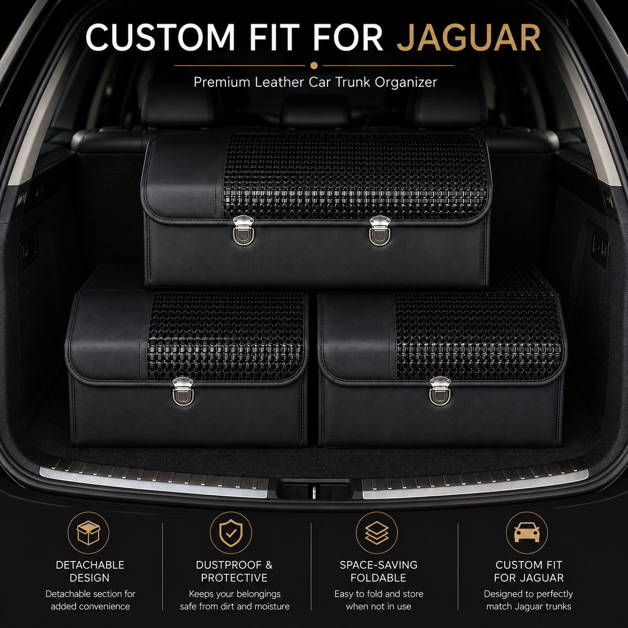 Custom Fit for Jaguar Trunk Organizer – Foldable Car Cargo Storage Box with Detachable Lid, Premium Leather SUV Boot Organizer, Car Interior Accessories - Delicate Leather  