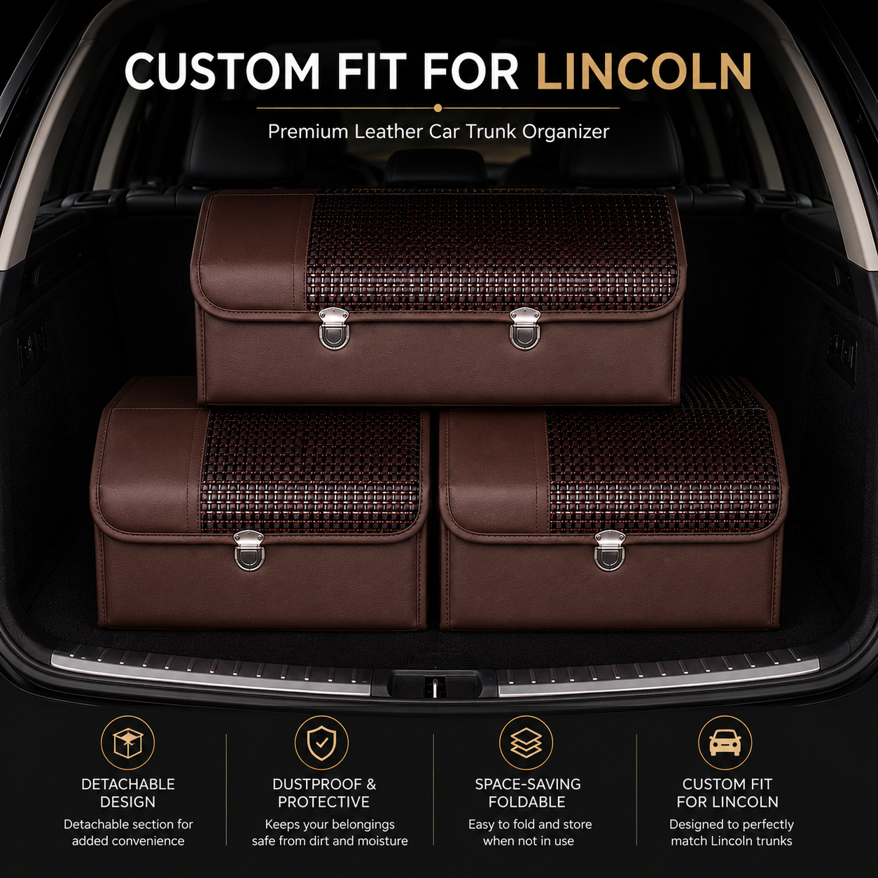 Custom Fit for Lincoln Leather Car Trunk Organizer Box, Foldable Storage Organizer with Dustproof Lid, Large Capacity Cargo Storage Case - Delicate Leather  