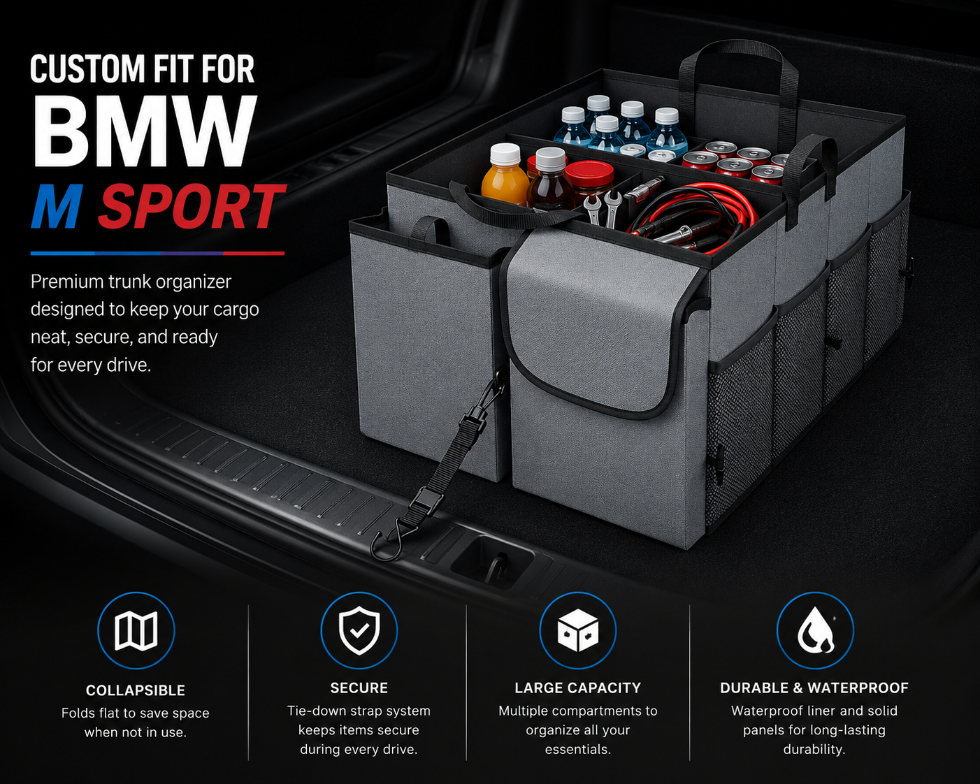 Custom Fit for BMW M Sport Trunk Organizer – Foldable Waterproof Oxford Storage Box with Large Capacity - Delicate Leather  