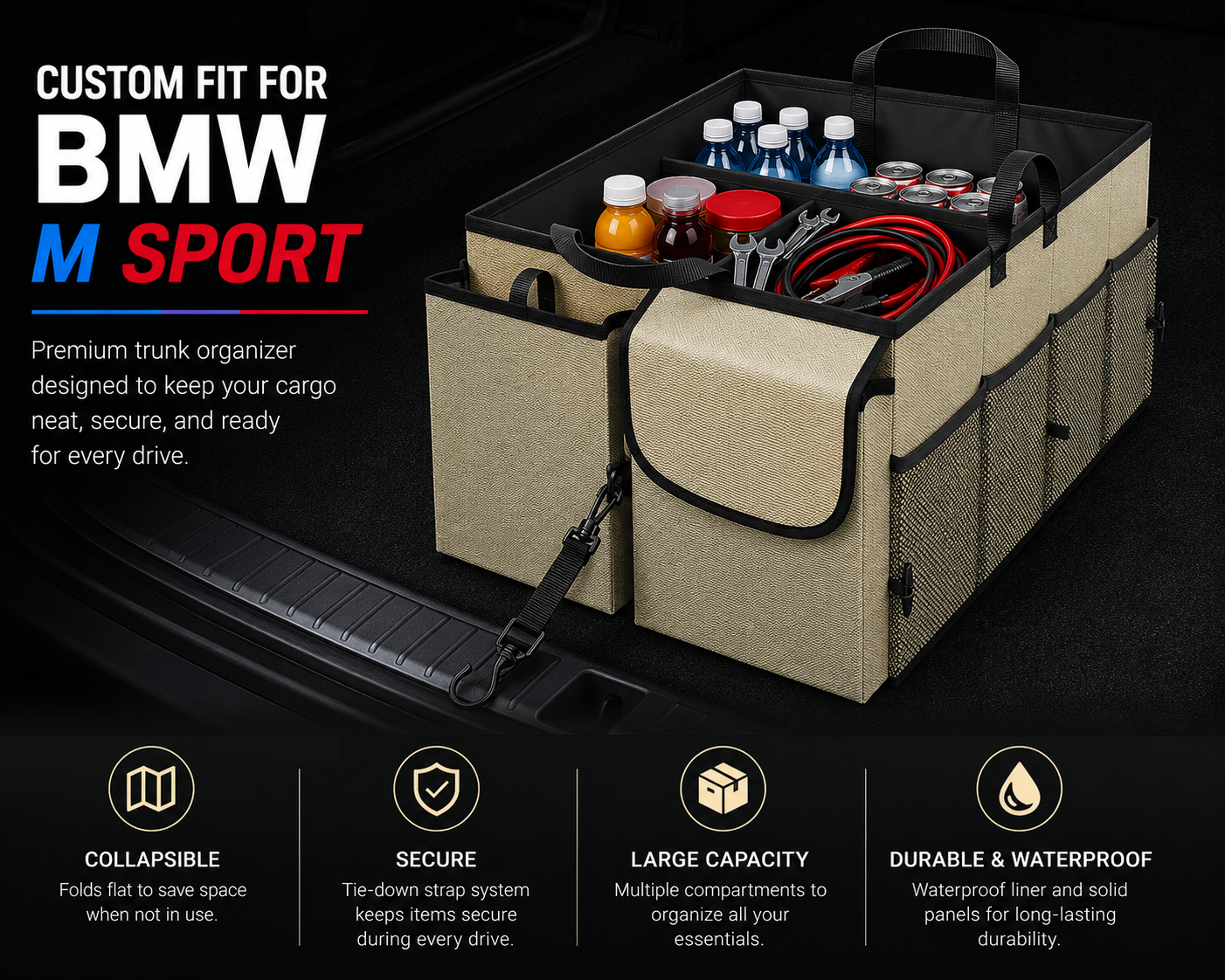 Custom Fit for BMW M Sport Trunk Organizer – Foldable Waterproof Oxford Storage Box with Large Capacity - Delicate Leather  