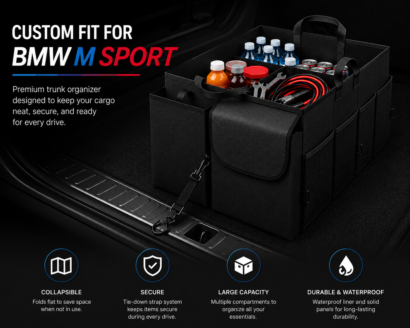 Custom Fit for BMW M Sport Trunk Organizer – Foldable Waterproof Oxford Storage Box with Large Capacity - Delicate Leather  