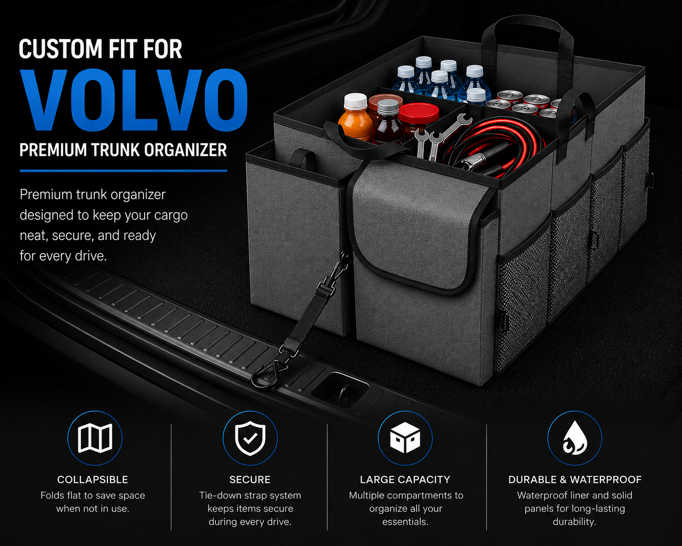Custom Fit for Volvo Trunk Organizer – Foldable Waterproof Oxford Storage Box with Large Capacity - Delicate Leather  