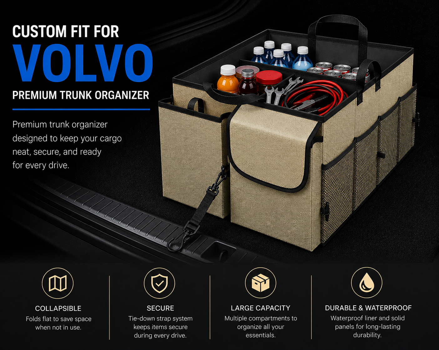 Custom Fit for Volvo Trunk Organizer – Foldable Waterproof Oxford Storage Box with Large Capacity - Delicate Leather  