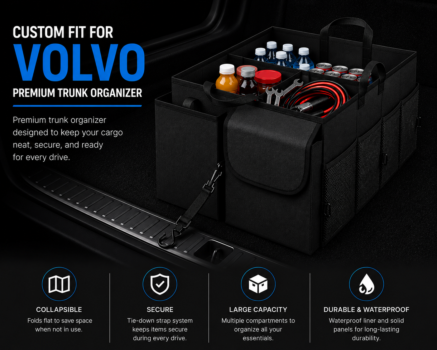 Custom Fit for Volvo Trunk Organizer – Foldable Waterproof Oxford Storage Box with Large Capacity - Delicate Leather  