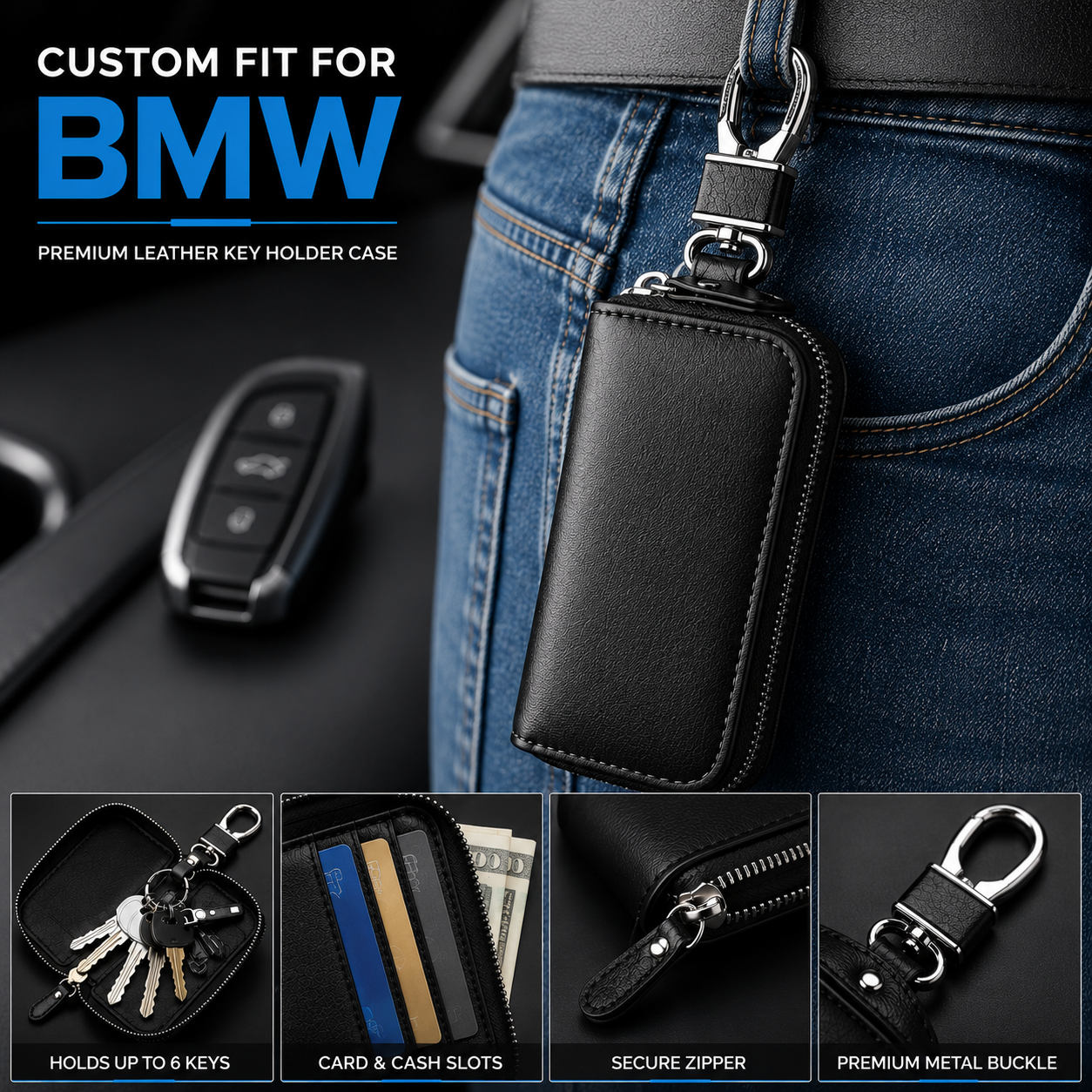 Custom Fit for BMW Luxury Leather Key Holder Wallet – Gender-Neutral Car Key Case with 6 Hooks, Zipper Closure & Card Slots - Delicate Leather  