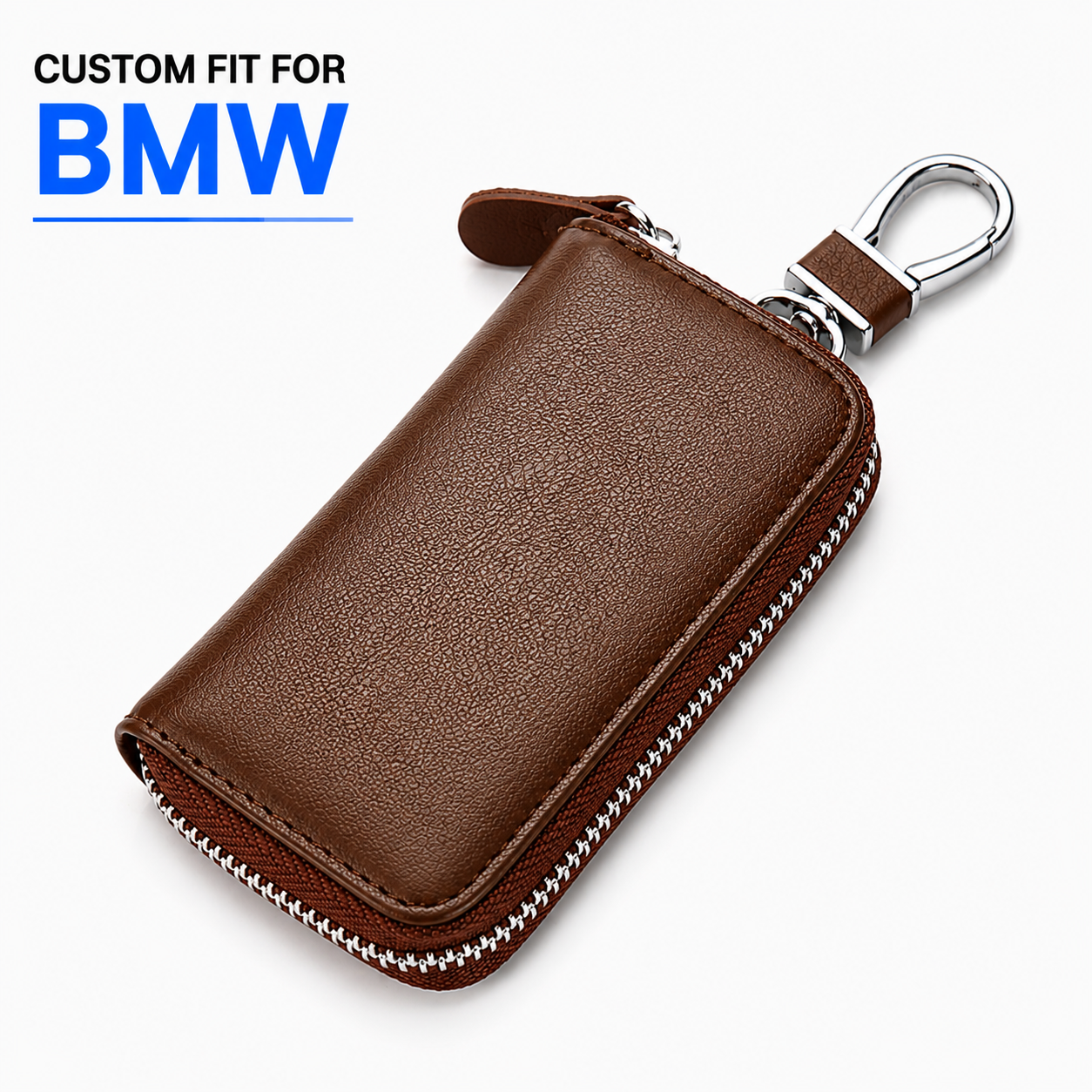 Custom Fit for BMW Luxury Leather Key Holder Wallet – Gender-Neutral Car Key Case with 6 Hooks, Zipper Closure & Card Slots - Delicate Leather  