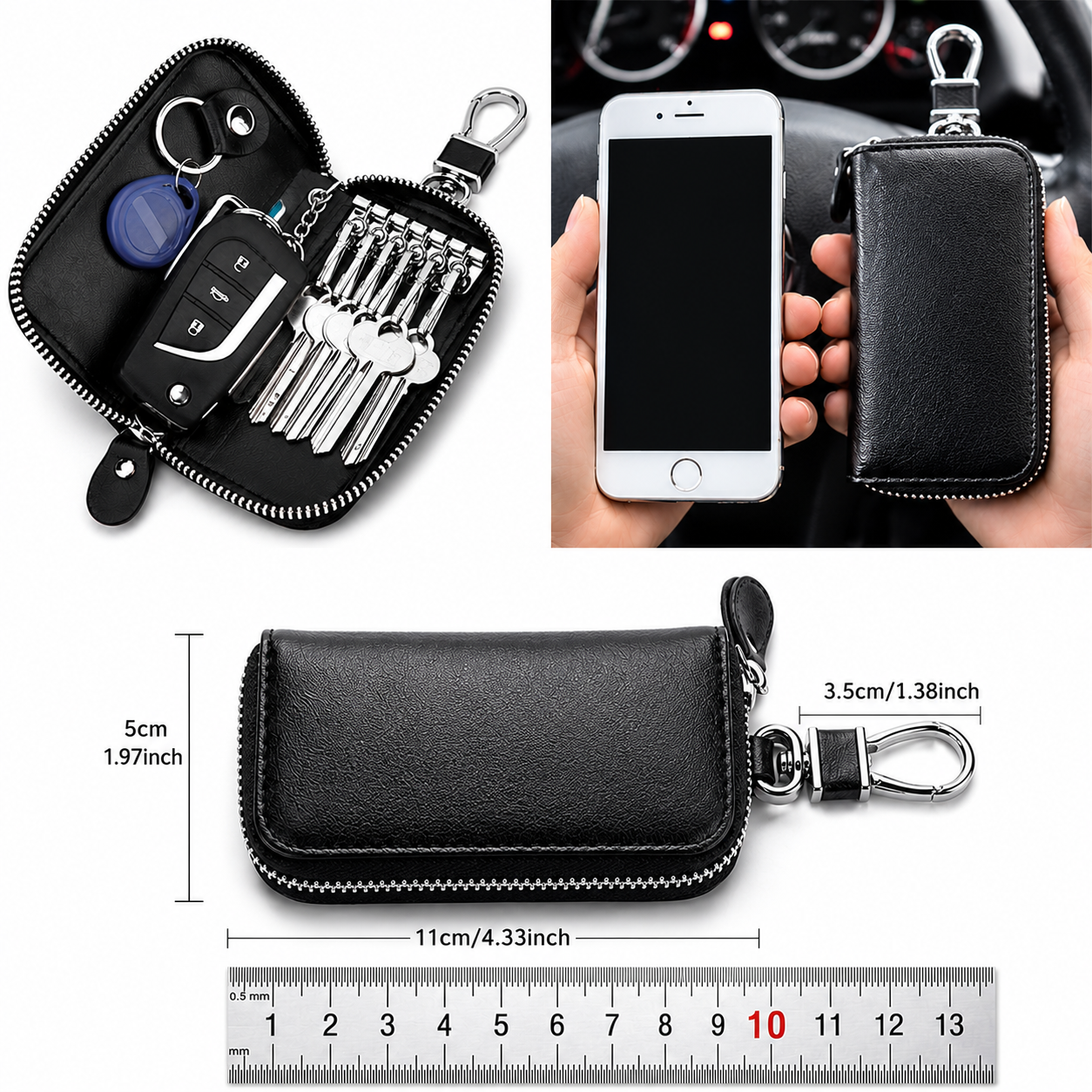 Custom Fit for BMW Luxury Leather Key Holder Wallet – Gender-Neutral Car Key Case with 6 Hooks, Zipper Closure & Card Slots - Delicate Leather  