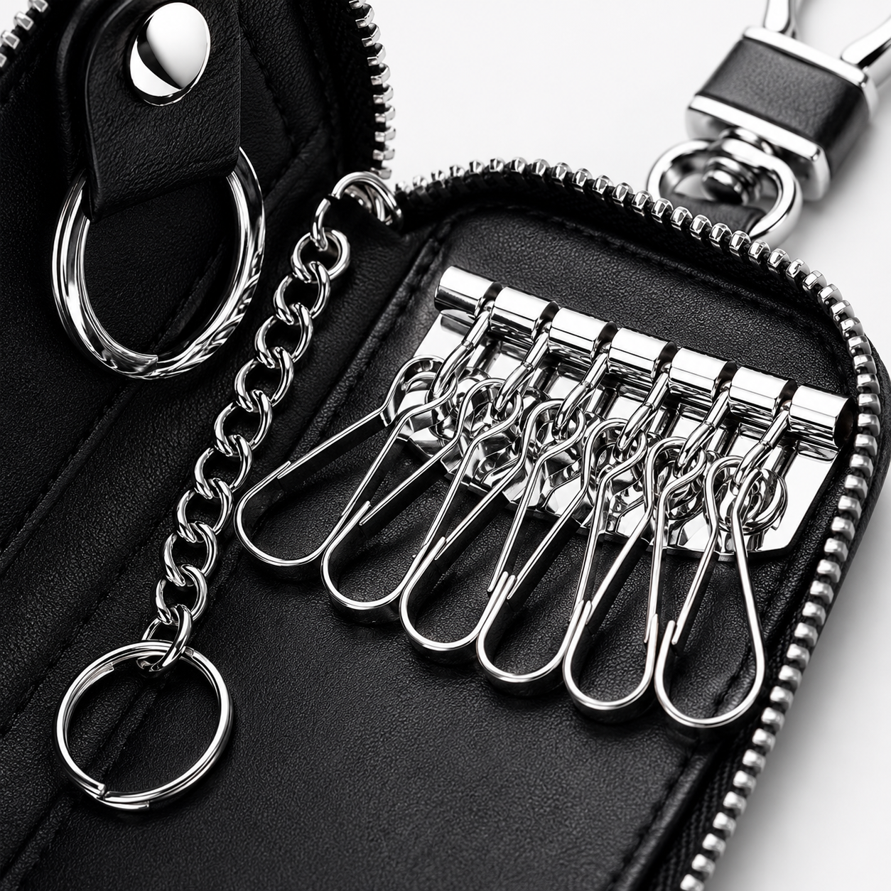 Custom Fit for BMW Luxury Leather Key Holder Wallet – Gender-Neutral Car Key Case with 6 Hooks, Zipper Closure & Card Slots - Delicate Leather  