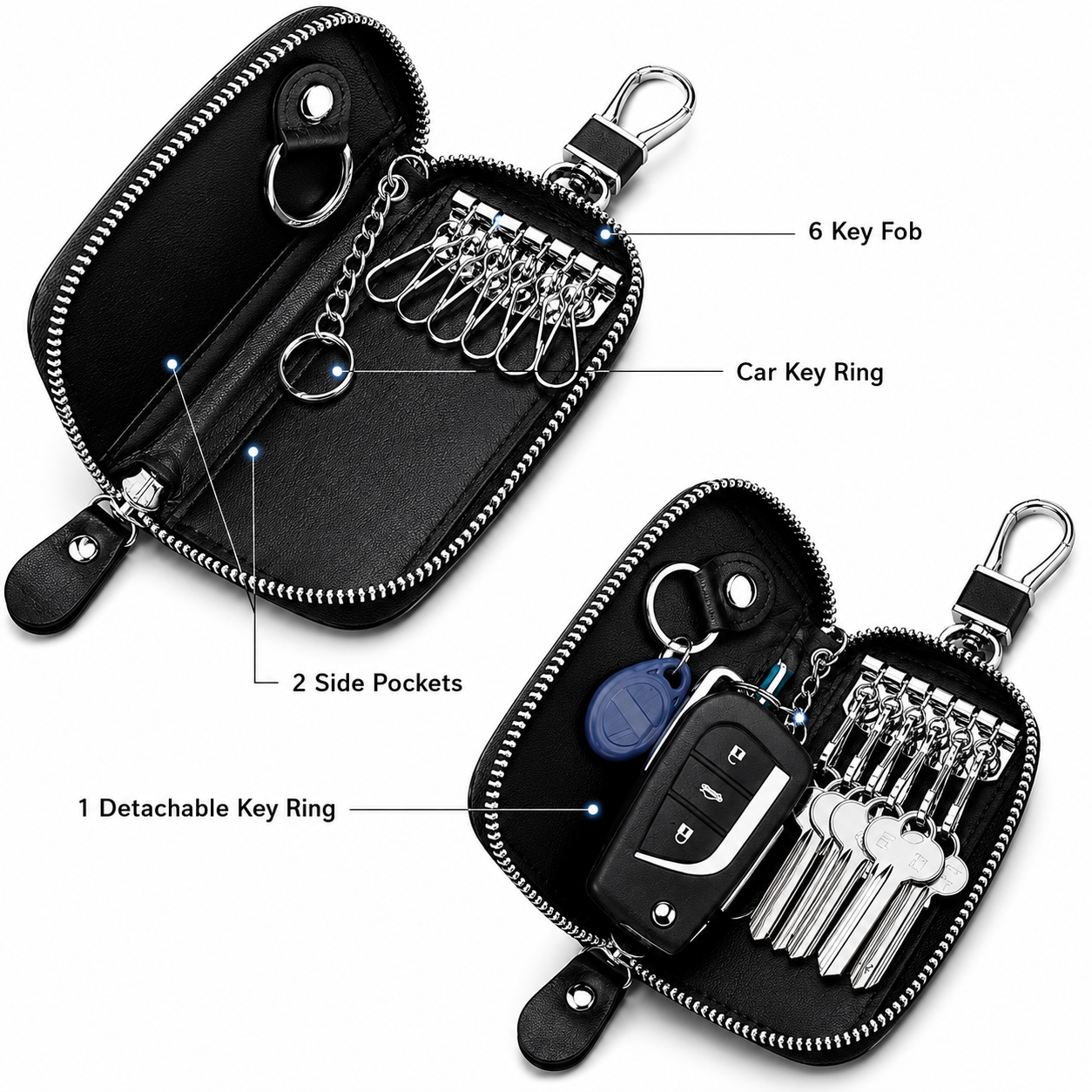 Custom Fit for BMW Luxury Leather Key Holder Wallet – Gender-Neutral Car Key Case with 6 Hooks, Zipper Closure & Card Slots - Delicate Leather  