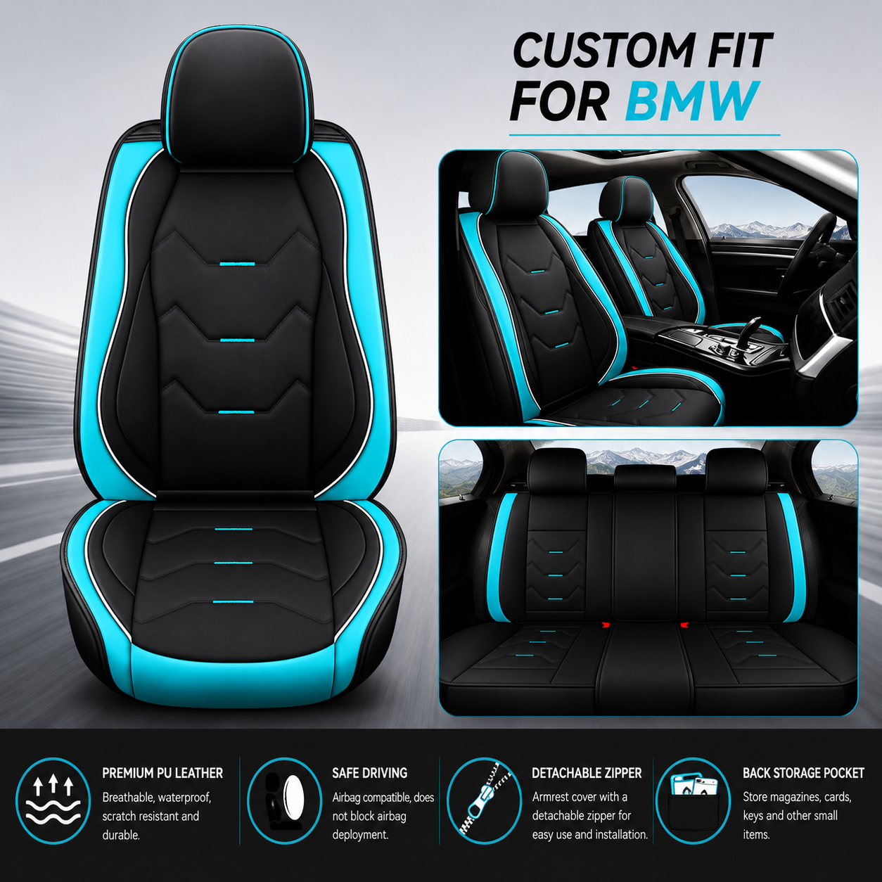 Custom Fit for BMW 5-Seat Leather Car Seat Covers Full Set, Premium Leatherette Seat Protectors for Sedan, SUV, Truck & Van, Front & Rear Cushion Covers - Delicate Leather  